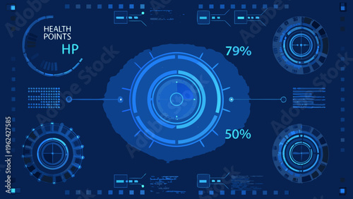 Futuristic user interface displaying health points and system status indicators