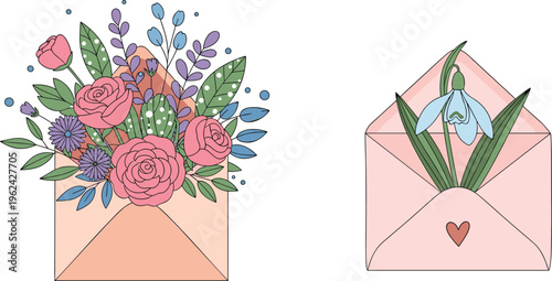 Quadro em tela Floral Envelope Vector Illustration Set with Blooming Flower Bouquets, Romantic
