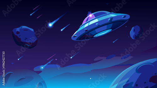 A retro style illustration of a flying saucer amidst space debris and planets