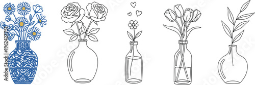 Floral Vase Line Art Vector Set with Minimalist Flower Arrangements, Botanical Outline Illustrations, Glass Bottles, and Decorative Plant Designs for Modern Aesthetic Projects