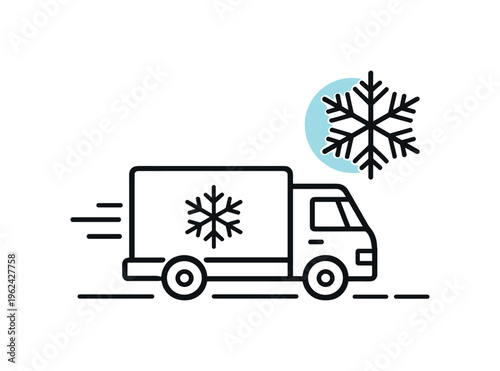 Cold chain logistics operation in a modern supply network focused on transporting perishable goods safely across long distances, a simple refrigerated truck icon paired with a