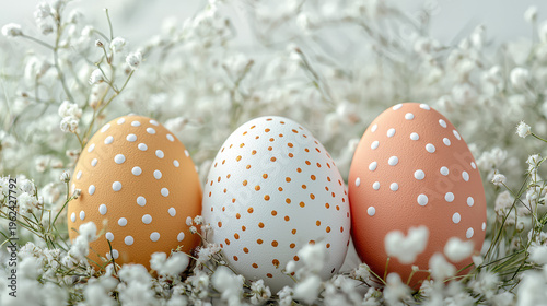 Three painted Easter eggs with white polka dots are led among delicate white baby's breath flowers creating a beautiful and festive sptime scene for the holiday.