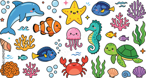 Colorful Cute Underwater Sea Life Illustration with Dolphin, Fish, Starfish, Crab, Seahorse, Turtle, Jellyfish and Coral Reef Elements for Kids Ocean Design