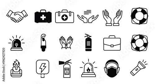 Collection of safety and emergency icons in black and white silhouette