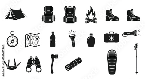 Camping gear and equipment icons in a stark black silhouette