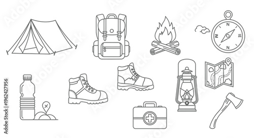 Camping equipment collection including a tent backpack and compass silhouette