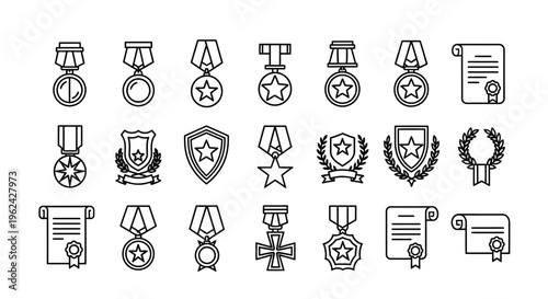 Collection of various award medals ribbons and certificates line art silhouette