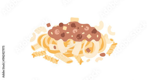 A colorful illustration features various pasta shapes, topped with a rich brown sauce with scattered additions. White background