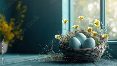 Three pastel blue Easter eggs led in a rustic bird's with delicate yellow wildflowers placed on a blue wooden surface near a bright window providing soft light.