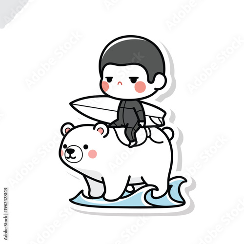 A cartoon illustration of a person in a wetsuit riding a polar bear on a surfboard across stylized ocean waves
