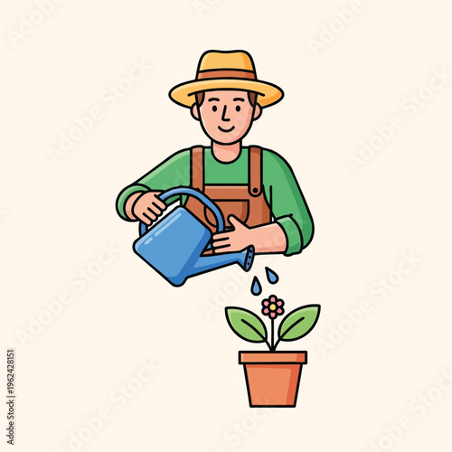 Illustration depicts a gardener in overalls watering a potted flower with a blue watering can. It's a colorful, simple design with solid outlines