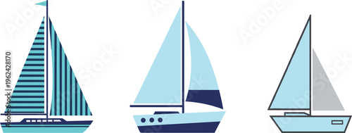 Modern Sailboat Vector Set with Minimalist Yacht Designs, Ocean Sailing Vessels, Marine Transportation Icons for Travel, Nautical Themes, and Summer Vacation Illustrations