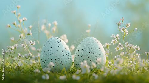 Two speckled blue Easter eggs sit led in green grass surrounded by delicate white flowers against a soft, pastel background, creating a sp holiday scene.