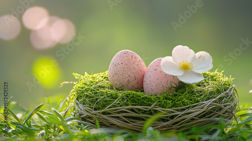 Two speckled Easter eggs rest peacefully in a mossy adorned with a delicate white flower, all set against a softly blurred green background in sptime.