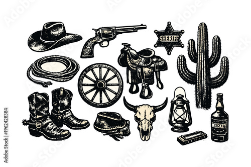 A rustic western cowboy themed collection of isolated frontier objects and cultural elements, designed as a vintage reference sheet of individual assets, with