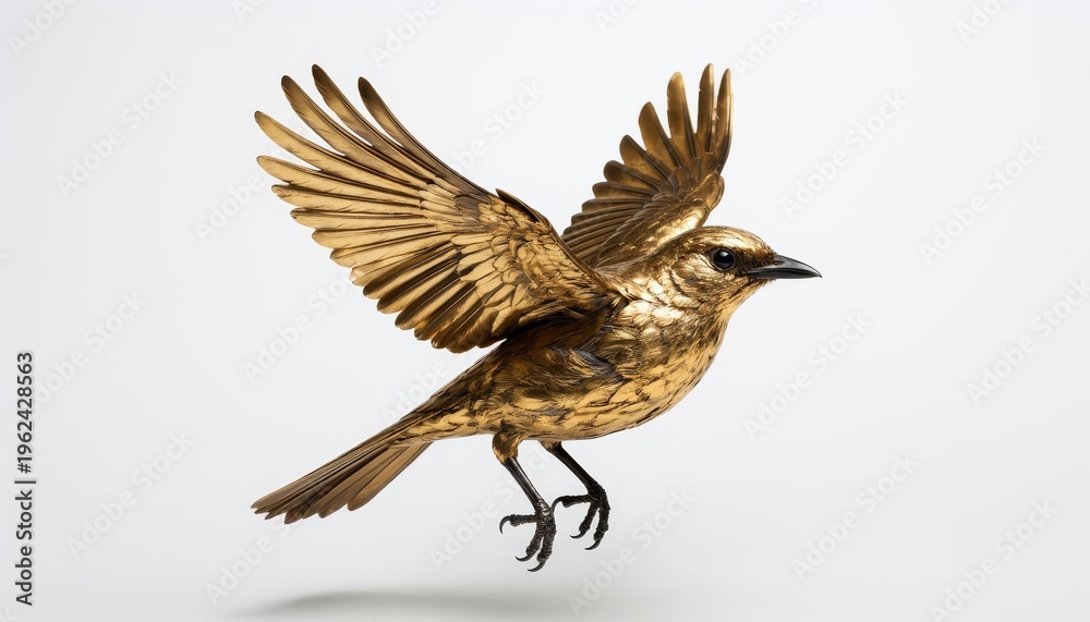 Fototapeta premium A golden bird is flying in the air, showcasing its detailed wings. The bird's unique coloration and form highlight its graceful movement in flight.