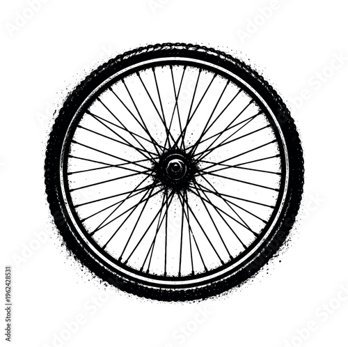 Bicycle wheel shown in a direct side view with the circular rim dominating the composition and spokes radiating outward from the hub, enlarged to fill most of