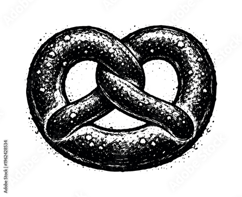 A realistic pretzel shown in direct frontal view, enlarged to dominate the frame and isolated on a pure white background, its twisted loop form bold and iconic.