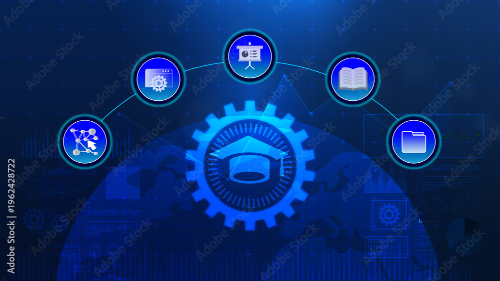 Fototapeta premium A digital concept image showing interconnected gears and icons, symbolizing technology, innovation, and knowledge sharing in the modern world.