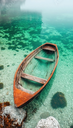 Rustic Boat on Clear Lake: Serene Waterscape and Tranquil Travel Scene