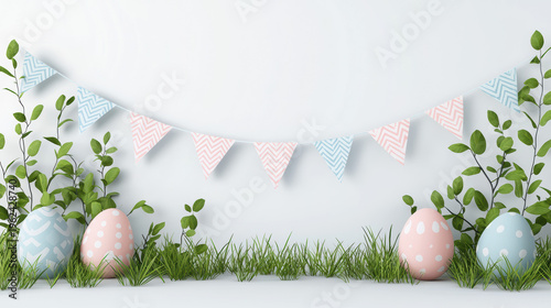 Easter eggs decorated with pastel colors and hanging pennants create a festive sptime scene with grass and foliage against a bright, clean backdrop.