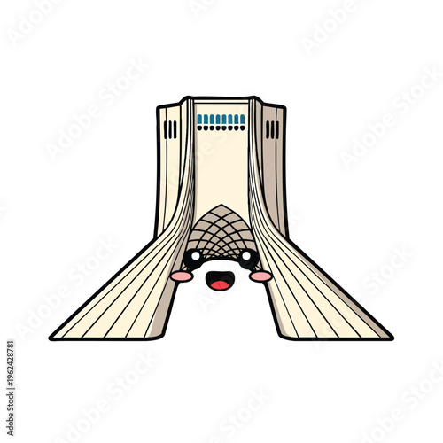 A smiling, cartoon illustration of an architectural structure with a central tower and wings. It has a cheerful face with blushing cheeks and an open mouth