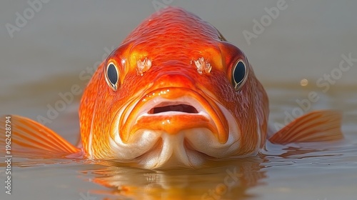 Orange Koi Fish Face Emerges from Murky Water, Close-up View and Detailed