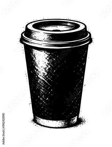 A realistic takeaway coffee cup with lid shown in direct frontal view, enlarged to fill most of the frame and isolated on a pure white background, its