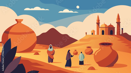 Desert landscape, Middle Eastern architecture, clay pots, desert scene, vector illustration