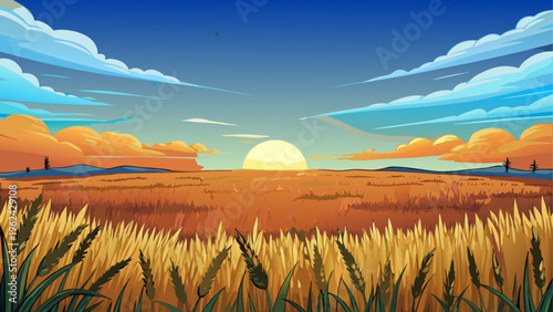 Sunset over wheat field, golden landscape, rural scenery, vector illustration