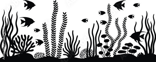 "Underwater silhouette illustration, coral reef plants, seaweed, tropical fish, marine biodiversity, aquarium scene, ocean ecosystem, aquatic life design"