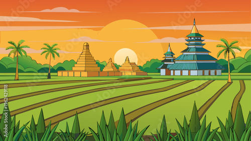 Asian temple, rice field landscape, tropical scenery, vector illustration