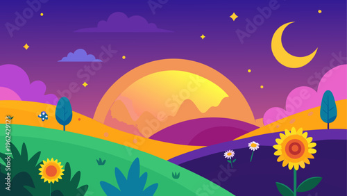Sunset landscape, colorful hills, cartoon scenery, vector illustration, purple sky