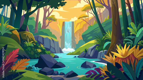 Jungle, tropical forest, waterfall, cartoon landscape, vector illustration