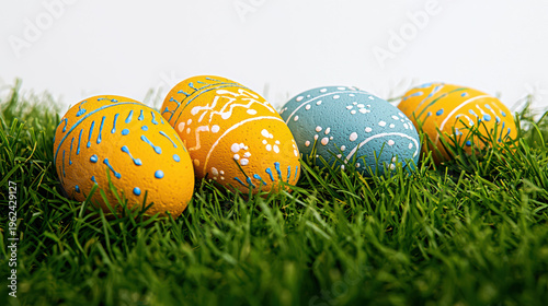Brightly colored Easter eggs adorned with delicate white and blue patterns le in vibrant green grass, evoking a sense of sptime joy and celebration.