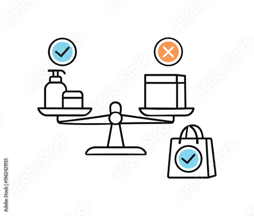 Simple consumer choice and completing routine product selection through modern everyday shopping experience, a clean comparison scale combined with a small shopping bag icon