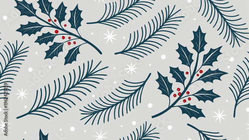 Winter holiday pattern, Christmas botanical design, festive holly leaves, snowflake background