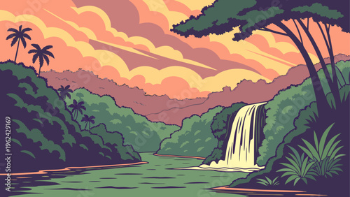 Tropical landscape, jungle waterfall, green forest, sunset