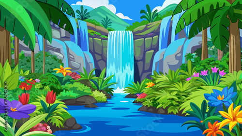 Tropical jungle waterfall scene, lush greenery, colorful flowers, serene landscape, exotic paradise