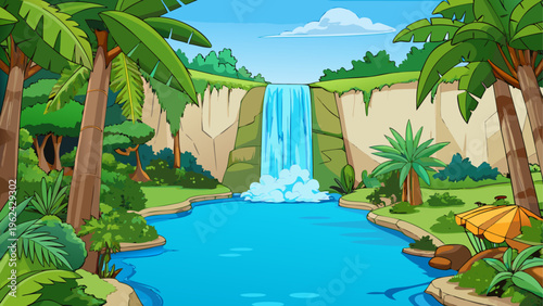 Tropical jungle waterfall, serene landscape, blue river, lush greenery, cartoon scenery