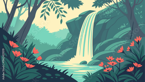 Jungle, waterfall, green, illustration, nature, scenic, tropical