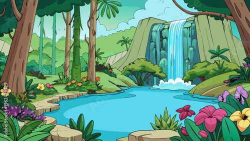 Tropical jungle landscape, waterfall scene, lush greenery, colorful flowers, serene nature background