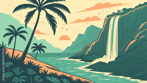 Tropical landscape, palm trees, waterfall, mountains, vector illustration