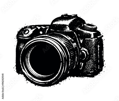 A realistic DSLR camera shown in three-quarter perspective, enlarged to fill most of the canvas and isolated on a clean white background, its bulky body and