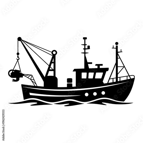 Black silhouette of a fishing boat on water with crane