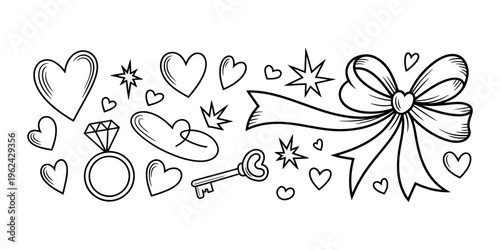 Wedding Valentines Day love hearts symbols and objects illustration set