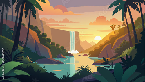 Tropical landscape, jungle scenery, waterfall, sunset, vector illustration