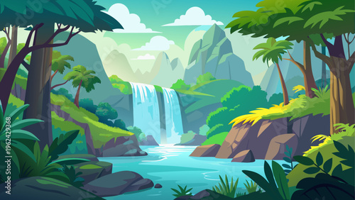 Tropical jungle landscape, waterfall, lush greenery, cartoon scenery, nature background
