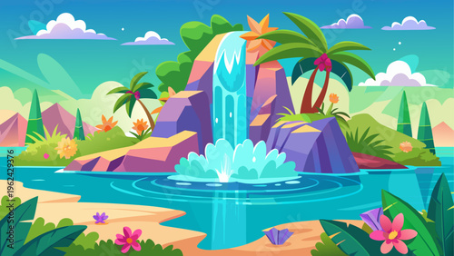 Tropical island, paradise landscape, cartoon waterfall, exotic getaway