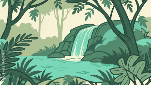 Jungle waterfall, lush tropical forest, green landscape, nature scenery, vector illustration